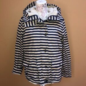 GAP Navy Tan Striped Fleece Lined Coat M